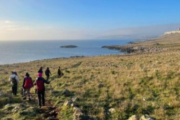 a group of people standing in a field