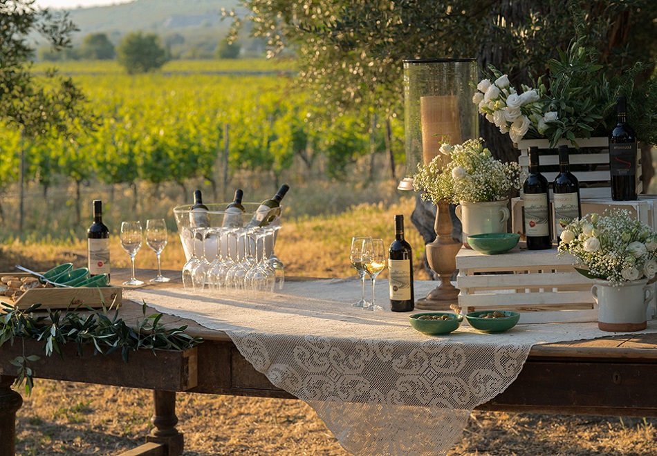 Outdoor table with wine bottles, glasses, and flowers in a vineyard setting.