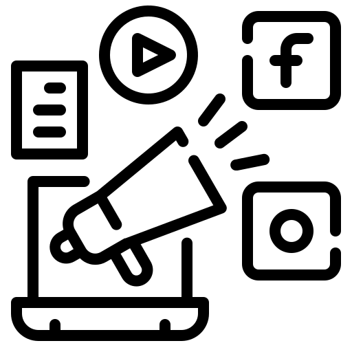 Icon of a megaphone near social media symbols and a laptop.
