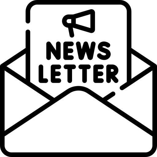 Black line icon of envelope with 'Newsletter' and megaphone symbol.