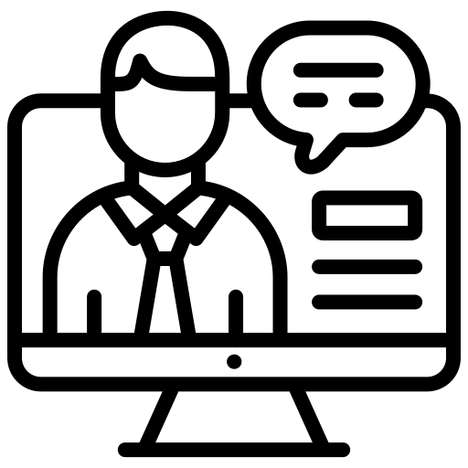 Icon of person on monitor with speech bubble, suggesting online communication.